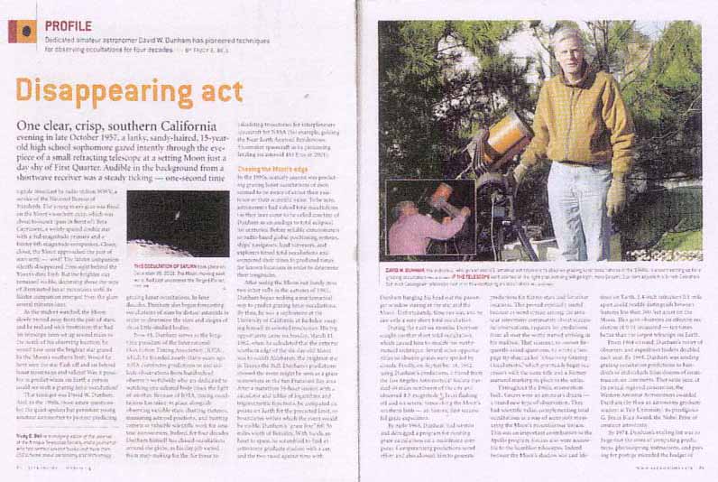Astronomy March 2004 - profile of David W. Dunham, pioneer in calculating and observing lunar and asteroidal occultations
