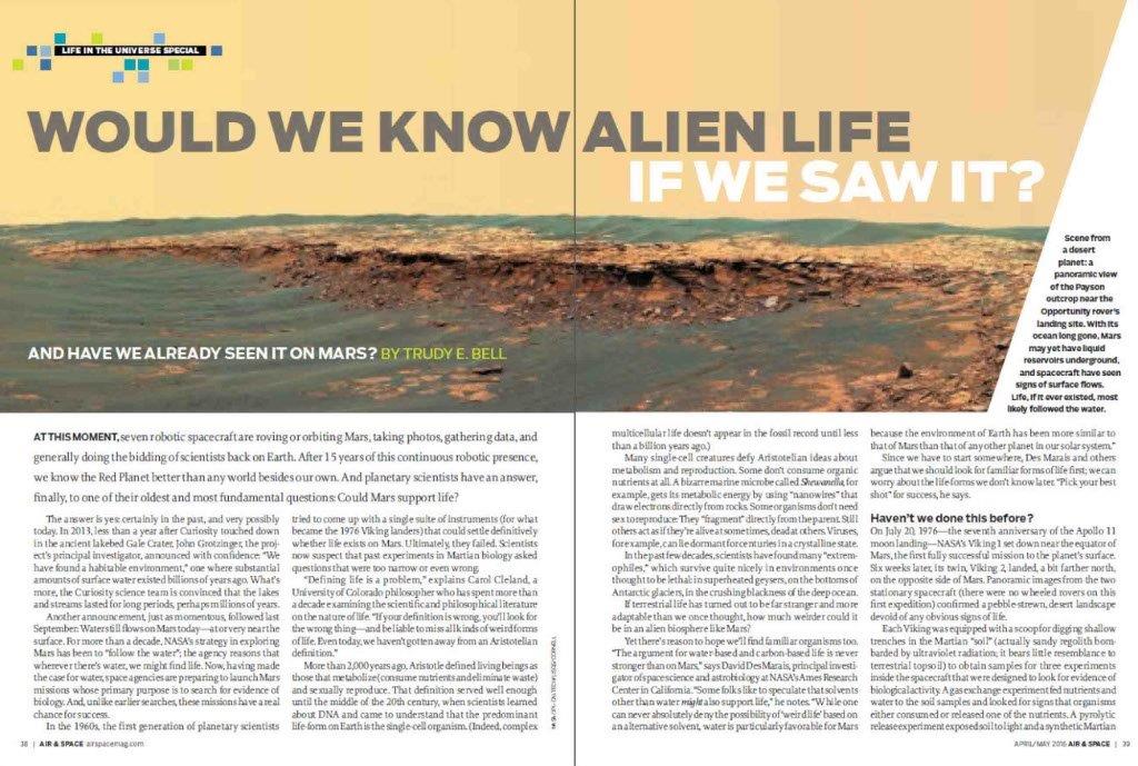wrote lead article on searching for life on Mars for a series of articles on life in the universe for Air & Space/Smithsonian, April/May 2016 