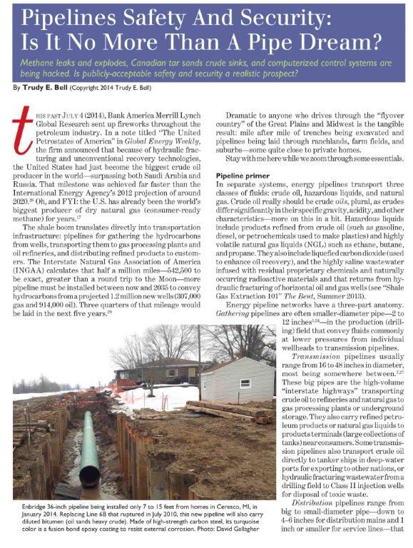 Tar sands crude sinks, methane explodes, SCADA control systems are hacked. Is energy pipelines safety and security a pipe dream? The Bent Winter 2015 8 magazine pages