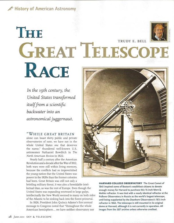 Feature article in Sky & Telescope, June 2011, on how vying for the world's largest telescope was a cultural movement, not just an astronomical one