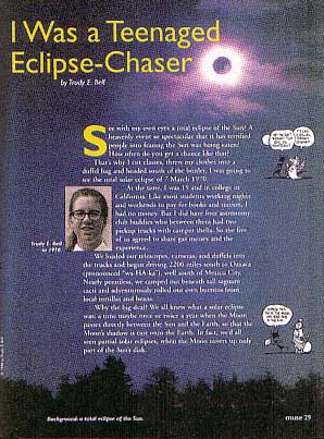 article for kids "I Was a Teenaged Eclipse Chaser" about my first total solar eclipse seen at age 19, for Smithsonian/Cricket kids' magazine Muse, January 1999