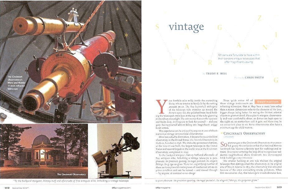 Vintage Stargazing, Ohio magazine Sept 2007 - about the 19thC astronomical observatories and telescopes around the state of Ohio open to the public