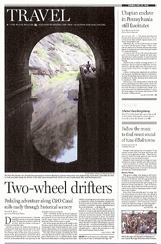 The Plain Dealer Sunday Travel July 25 2010 - front page story on bicycling the C&O Canal towpath, featuring my photographs