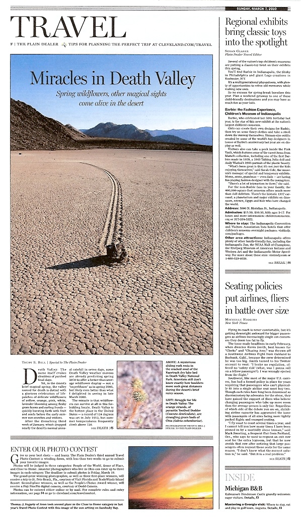 Plain Dealer Sunday Travel March 7 2010 - Miracles in Death Valley - front page travel story featuring my photographs