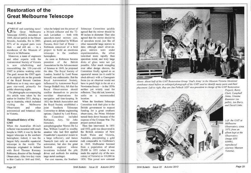 Article "Restoration of the Great Melbourne Telescope" (including photos from my visit to Museum Victoria in Australia) in Autumn 2012 issue of Society for the History of Astronomy Bulletin