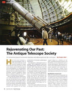 Rejuvenating Our Past: The Antique Telescope Society, Sky & Telescope, Sept 2002 - history of the ATS and its contributions to preservation its first 10 years