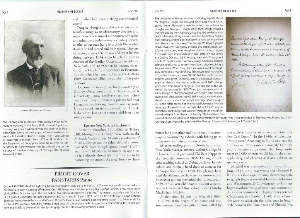 "Inventions and Insecurity: George Washington Housh" Griffith Observer June 2013; research supported by Herbert C. Pollock Award of Dudley Observatory