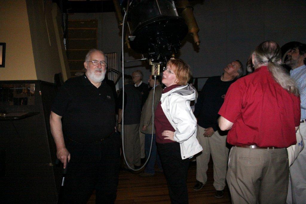Waff (left) with Bell at the eye end of the 26-inch Alvan Clark refractor at the Leander McCormick Observatory of the University of Virginia, during the 2010 Antique Telescope Society convention, the last ATS convention Waff attended.