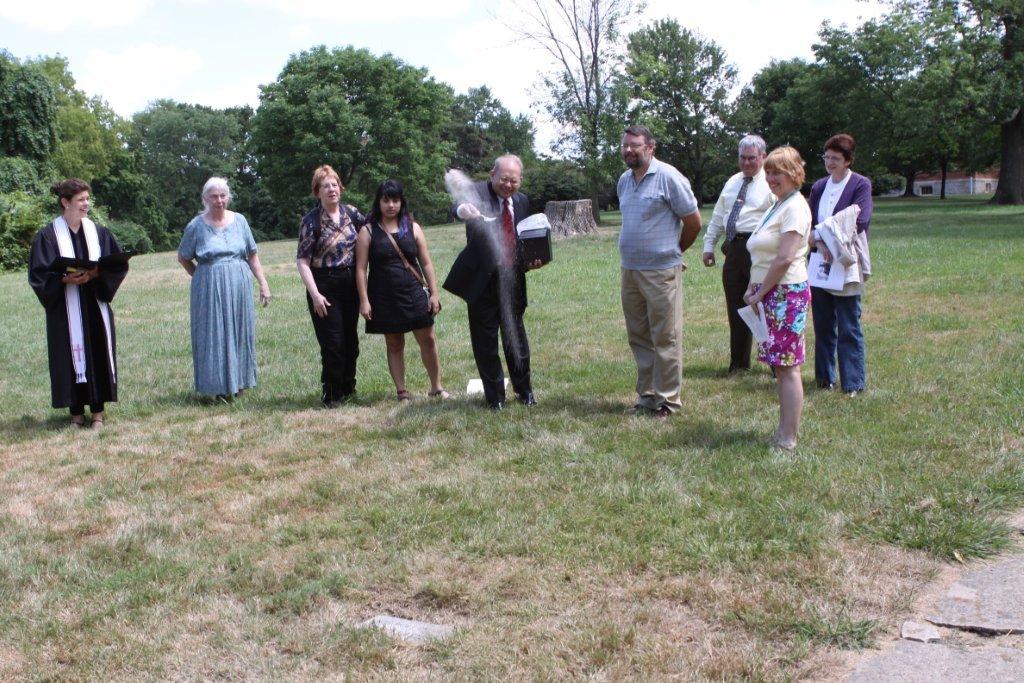 Scattering Craig's ashes at the Neptune stone in the solar system walk at the Cincinnati Observatory Center, July 21, 2012, in honor of Craig's pioneering research on the history of the discovery of Neptune. R.I.P. my dear colleague, friend, true husband